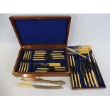 An oak cased part canteen of cutlery including carving tools, fish serving knife etc.