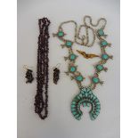 A selection of jewellery to include an amethyst necklace and matching earrings, turquiose etc.