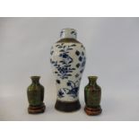 A Chinese blue and white vase 9" h, plus a pair of miniature cloisonne enamel vases.