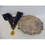 A large silver plated salver, engraved Weald Lodge, 1913, plus a blue ceremonial sash with a