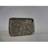 A pewter snuff box embossed with a standing labrador to the lid, 2 1/2" w x 0.5" h x 1 3/4" d.