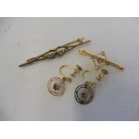 A 9ct gold and seed pearl brooch, one other and a pair of 9ct gold earrings, weight approx. 4g.