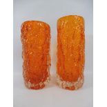 Two Whitefriars orange 'bark' design vases, tallest vase 7 3/4" h.