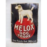 A Melox Dog Foods pictorial enamel sign by Jordan, unusually dark background and colour to the