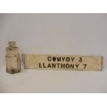 A rectangular cast iron Welsh road sign pointing to Cwmyoy, plus post top, measurement for sign: