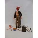 A 1970s Action Man figure with blond flock hair, Geyper Man, Native Indian oufit and accessories.