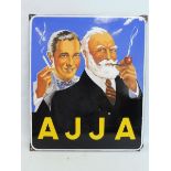 An enamel sign advertising AJJA tobacco, depicting two gentlemen smoking, 21 1/2 x 26".