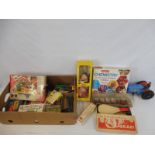 A mixed box of assorted mainly 1960s/1970s toys to include Pelham puppet, Marx tractor, Corgi