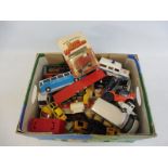 A small box of playworn die-cast vehicles, many genres and scales.