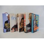 Five autobiographies signed by their authors comprising Michael Caine, Stephen Fry, Tony Blair, Kate