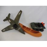 A quantity of circa 1970s Action Man to include a native Indian canoe and fighter plane.