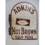 A small Adkin's 'Nut Brown' tobacco double sided enamel sign with hanging flange, 10 x 14".