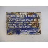 A small County Council of Middlesex enamel sign notice regarding a 'Twenty Shilling Reward...Persons