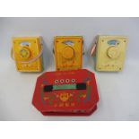Three Fisher Price Toys Music Box Pocket Radios, circa 1970s plus a Chinese toy accordian.