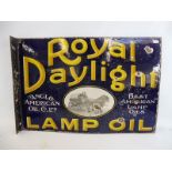 A Royal Daylight Lamp Oil double sided enamel sign with hanging flange, with a clear black and white