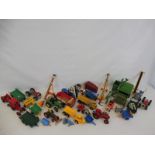 A large quantity of playworn farm accessories to include a John Deere combine harvester, Britains