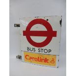 A Bus Stop enamel flag sign by Burnham, 18 x 21 1/2".