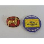 Two toy fan club badges to include a 1960s Corgi owner's club enamel badge.