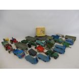 A mixed tray of mainly early Dinky Toys including some tractors, boxed disc harrow, trailers etc.