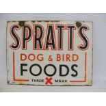 A Spratt's Dog and Bird Foods double sided enamel sign by Wood & Penfold, probably missing hanging