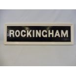 A double sided railway station sign, to one side 'Rockingham' and 'Way Out' to the verso, 39 x 12".