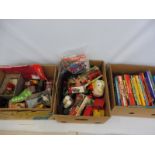 Three boxes of assorted toys to include Thomas the Tank Engine, puppets, games and a mixed