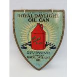 An early and rare Royal Daylight Oil Can pictorial shield shaped tin advertising sign, in very