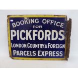 A Pickfords Ltd Booking Office double sided enamel sign with hanging flange, by Hancock & Corfield