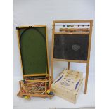 Three 1950s children's toys to include a blackboard, a swing and bagatelle.