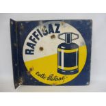 A double sided enamel sign with hanging flange advertising Raffigaz Butane Gas, 17 1/2 x 15 3/4".