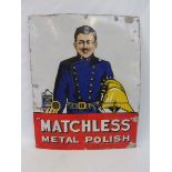 A rare Matchless' Metal Polish pictorial enamel sign depicting a fireman, with some restoration,