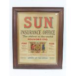 A Sun Insurance Office part pictorial advertisement, by Causton & Sons, oak framed and set behind