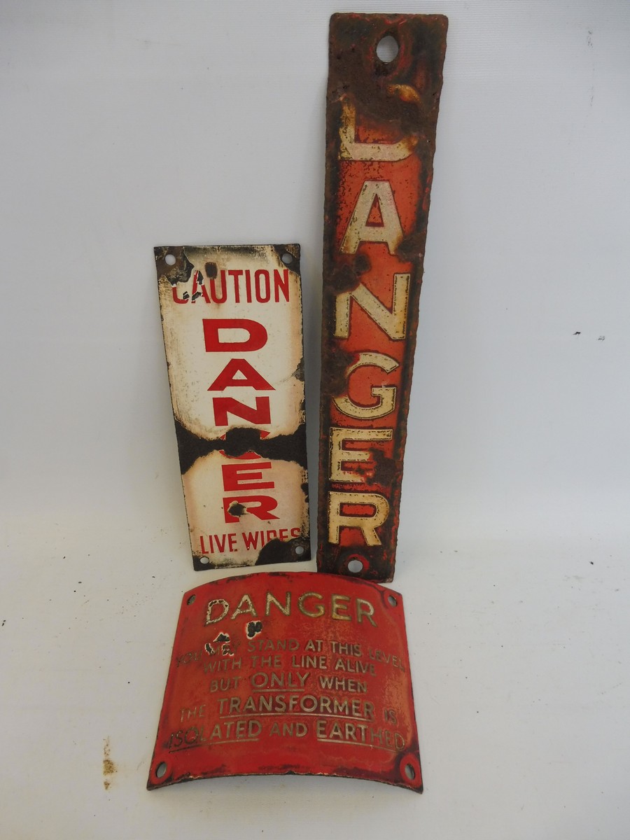 A small red and white curved enamel 'Danger' post sign, 5 1/4 x 4 1/2" plus two small rectangular '