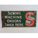 A Singer Sewing Machines 'Orders Taken Here' double sided enamel sign with hanging flange, by Patent