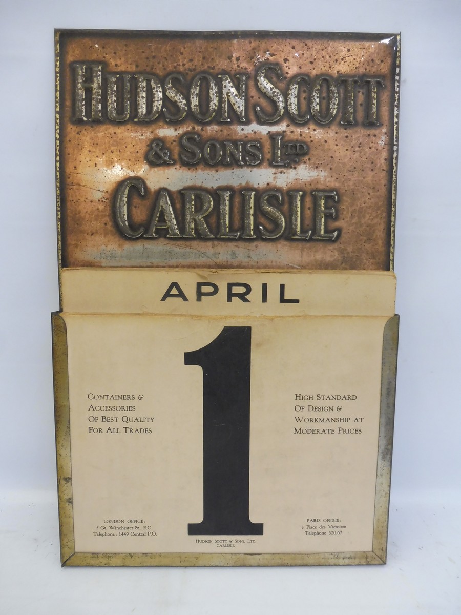 An unusual Hudson Scott & Sons Ltd of Carlisle embossed tin calendar with card inserts, 11 x 17 1/