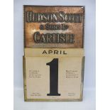 An unusual Hudson Scott & Sons Ltd of Carlisle embossed tin calendar with card inserts, 11 x 17 1/