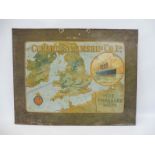A rare Cunard Steamship Co. Ltd. pictorial tin advertising sign depicting a map 'The Fishguard