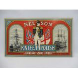 A Nelson Knife Polish part pictorial showcard depicting two ships, Trafalgar and Victory, 17 3/4 x