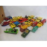 A mixed box of playworn die-cast models, assorted genres and eras.