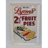 A Lyons 2 1/2d Fruit Pies pictorial enamal sign in a wooden frame, with some restoration, 25 1/2 x