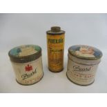 A cylindrical tin of Field's Lavender Talcum, plus two Pears' tins, the lids depicting a nurse