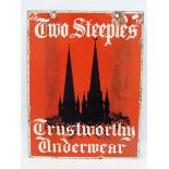 An unusual 'Two Steeples Trustworthy Underwear' rectangular double sided enamel sign by Patent