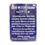 A Great Western Railway 'Notice' enamel sign informing that steam rollers, traction engines and