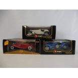 Three boxed Burago 1:18 scale comprising an Alfa Romeo Spider, a Bugatti Type 59 and a Mercedes K