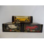 Three 1:18 scale Burago models comprising a Mustang Mach 3, a Mercedes SSKL 1931 and a Dodge Viper.