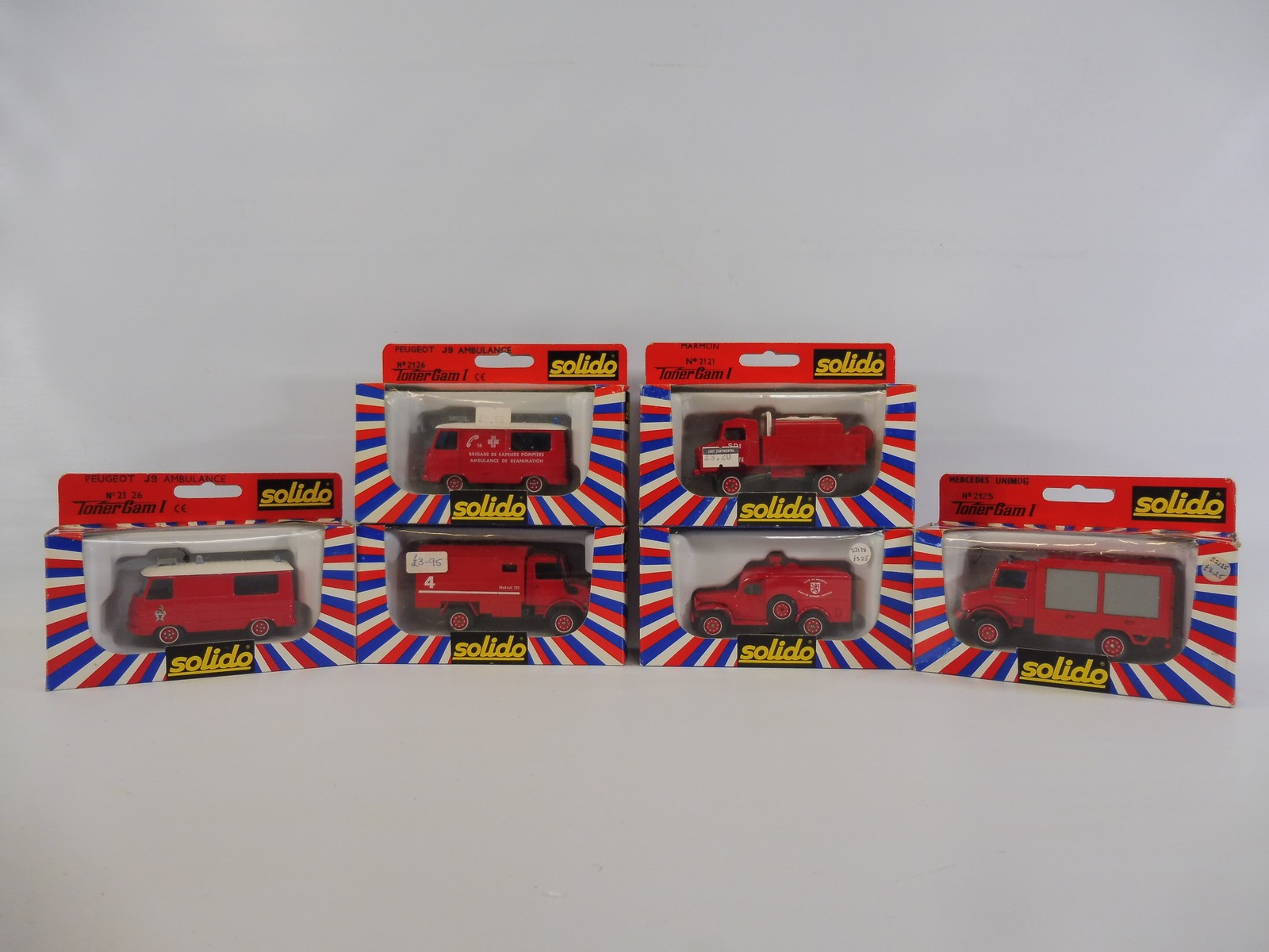 Six boxed Solido fire engines and trucks to include Mercedes, Dodge, Peugeot etc.