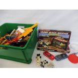 A large amount of Scalextric, including loose cars, hump back bridge, accessories etc.