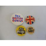 Four punk badges to include Sex Pistols.