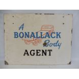 A rectangular double sided enamel sign advertising Bonallack Bodywork, with an image of a flatbed