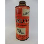 A Delco Shock Absorber Oil cylindrical quart can in good condition.